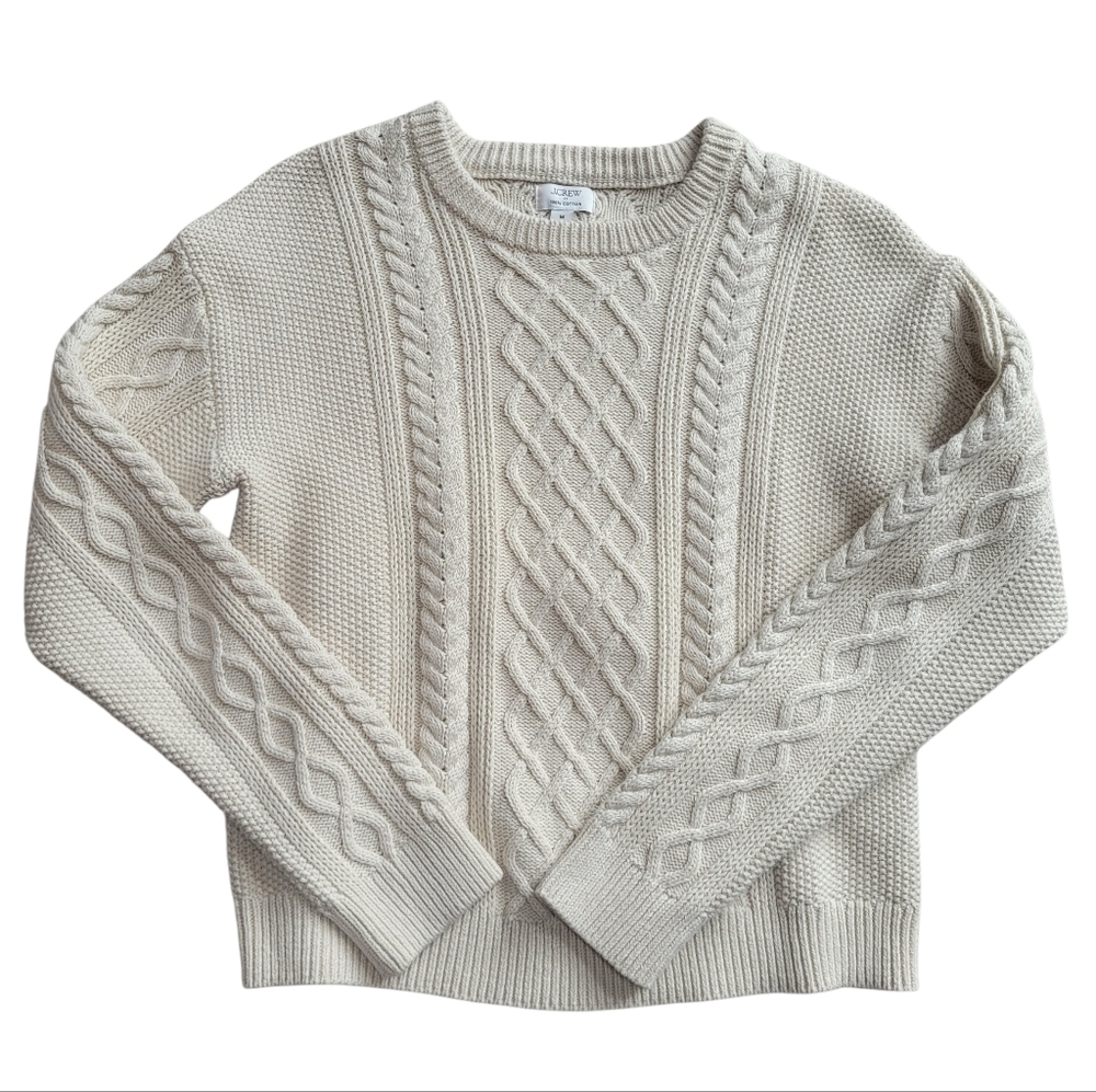 J.Crew Cream Cable Knit Sweater 100% Cotton Classic Crewneck Preppy Cozy Sz M - Picture 3 of 8